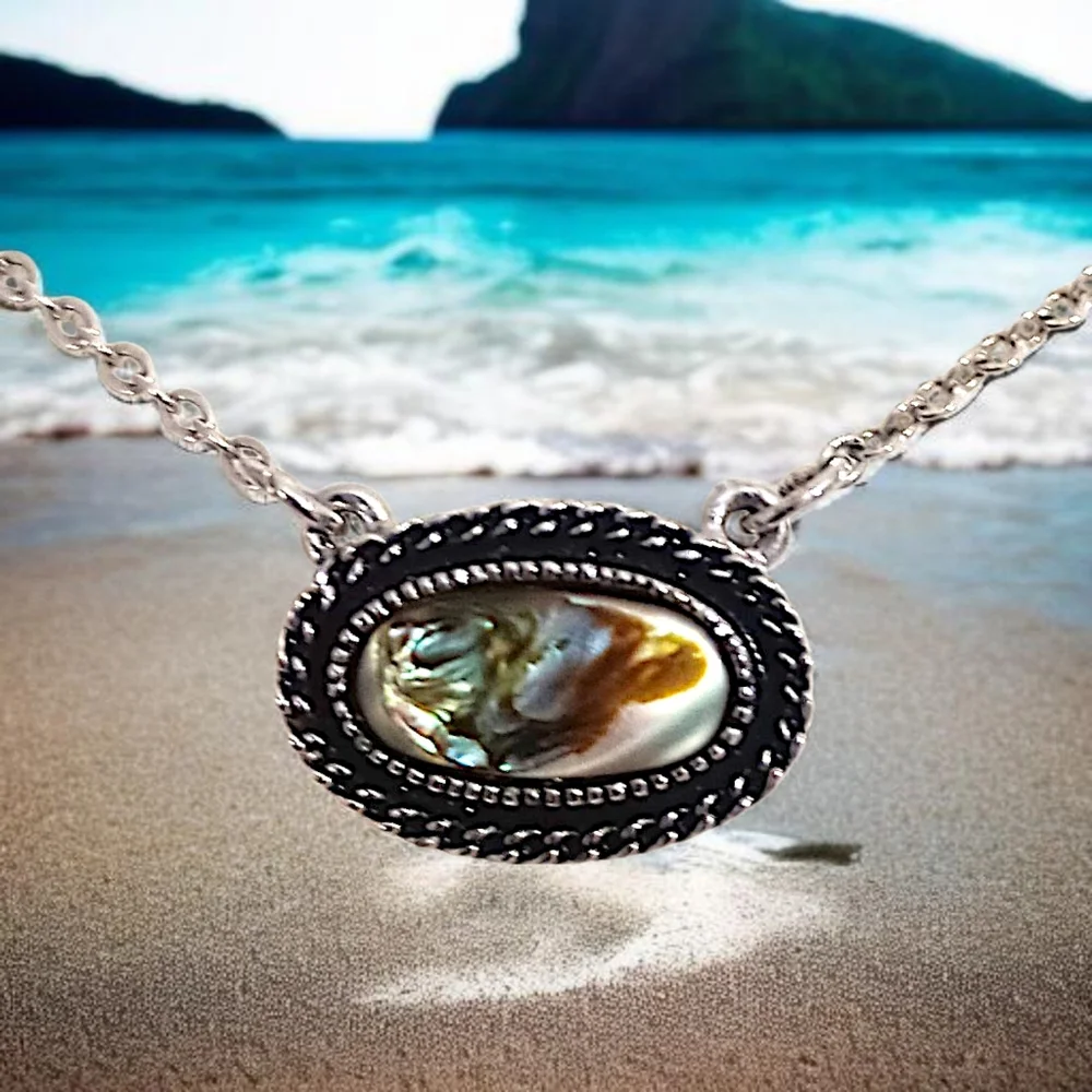 Sarah Coventry Abalone Necklace Vintage 70s Antiqued‎ Silver Tone Sea Treasure